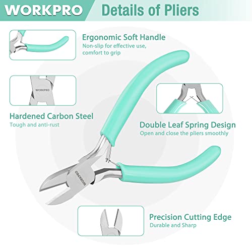 WORKPRO Jewelry Pliers Set, 3 Pack Jewelry Making Tool Kit | Includes Mini Needle Nose Plier/Chain Nose Plier, Round Nose Plier and Wire Cutter for Jewelry Repair & Making, DIY Crafts - color: Light Blue, Light Green, Pink
