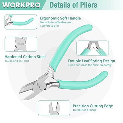WORKPRO Jewelry Pliers Set, 3 Pack Jewelry Making Tool Kit | Includes Mini Needle Nose Plier/Chain Nose Plier, Round Nose Plier and Wire Cutter for Jewelry Repair & Making, DIY Crafts - color: Light Blue, Light Green, Pink