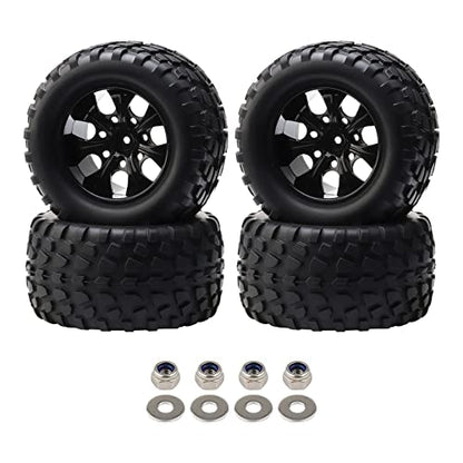 4-Pack 12mm Hex RC Wheels and Tires Set For 1/10 Scale Off Road Monster Truck, Rubber Tyre with Foam Inserts Locknuts Washers for HSP 94188 Volcano S30 etc | For Traxxas Rustler Stampede Slash, Arrma Senton Granite, RC Monster Truck - style: 7 Spokes-Blac