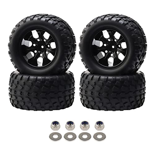 4-Pack 12mm Hex RC Wheels and Tires Set For 1/10 Scale Off Road Monster Truck, Rubber Tyre with Foam Inserts Locknuts Washers for HSP 94188 Volcano S30 etc | For Traxxas Rustler Stampede Slash, Arrma Senton Granite, RC Monster Truck - style: 7 Spokes-Blac