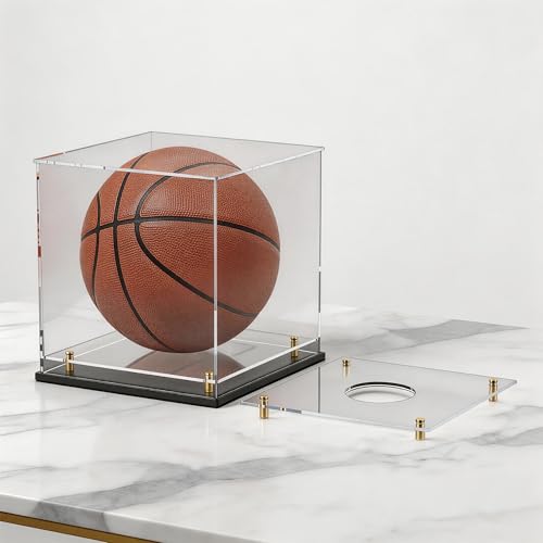Acrylic Display Case with Raised Shelf & Ball Holder, Clear Display Box with Black Base & Gold Standoffs, Dustproof Showcase for Fullsize Basketball – Easy Assembly (12×12×12 Inch) - size: 12"L x 12"W x 12"H (with Ball Position)