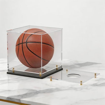 Acrylic Display Case with Raised Shelf & Ball Holder, Clear Display Box with Black Base & Gold Standoffs, Dustproof Showcase for Fullsize Basketball – Easy Assembly (12×12×12 Inch) - size: 12"L x 12"W x 12"H (with Ball Position)