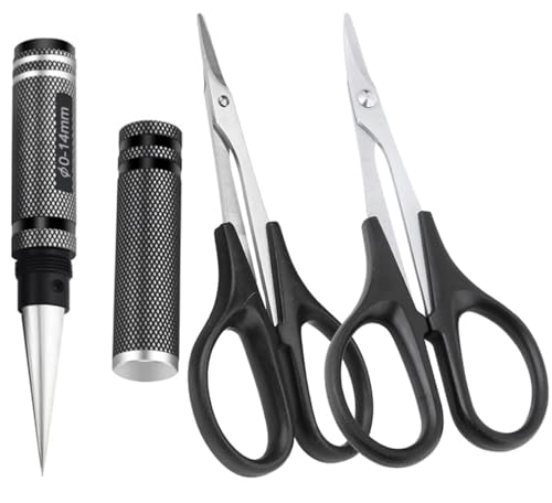 3Pcs RC Body Reamer Hole Punche, RC Body Trimming Tools Kit with Sleeve and Curved Scissors & Straight Scissors Set RC Car Body Mounting for 0-14mm Hole Punching and Trimming (Black) - color: Black