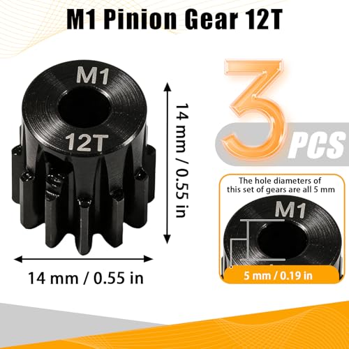 M1 Gear 12T 5mm Bore 3-Pack – High-Precision Hardened Steel Motor Pinion Gear for 1/8 1/10 RC Crawler, Monster Truck, Short Course Truck & Boat (Compatible with Traxxas Axial, FMS, HSP Redcat Losi) - style: M1 3Pcs 12T