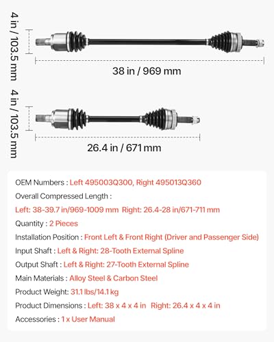 VEVOR CV Axle Shaft Assembly, 2 Pieces Front Left & Right (Driver and Passenger Side), Automotive Replacement CV Joint Axles Pair Compatible with 2011-2014 Hyundai Sonata, Alloy Steel & Carbon Steel - size: 2011-2014 Hyundai Sonata, style: Front Driver an
