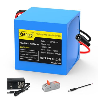 12V 15Ah Rechargeable Battery Pack with Charger, Replacement Lithium Battery Compatible with 12 Volt Devices RC Car, LED Light Strip, DIY, Boat, Robot, CCTV Camera