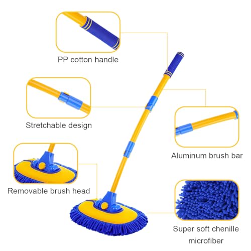 Car Wash Brush Kit, 40" Auto Wash Mop with 15° Curved Extendable Long Handle, Soft Scratch-Free Car Cleaning Mop Mitt to Clean Your Car Shine Like New, Car Accessories (Blue+Blue) - color: Blue+blue