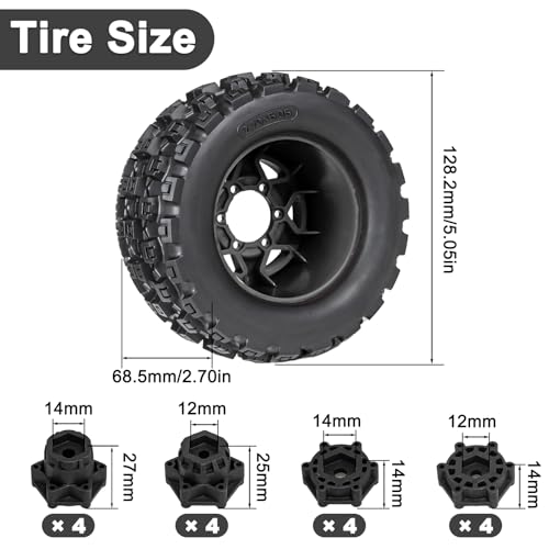 LRFHL MX28 F/R 2.8" RC Monster Truck Tires and Wheels 4PCS, Black | 12mm/14mm Hex Adapter, 1/10 RC Monster Truck, Compatible with Traxxas Stampede Rustler Redcat Arrma Vorteks Big Rock Granite - color: Black Tires+ Black Hex Wheel-9