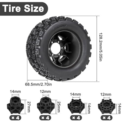 LRFHL MX28 F/R 2.8" RC Monster Truck Tires and Wheels 4PCS, Black | 12mm/14mm Hex Adapter, 1/10 RC Monster Truck, Compatible with Traxxas Stampede Rustler Redcat Arrma Vorteks Big Rock Granite - color: Black Tires+ Black Hex Wheel-9