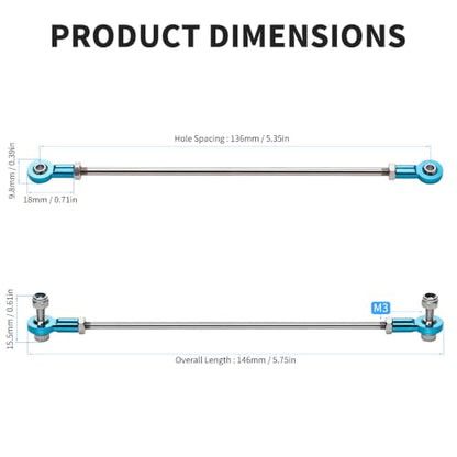 2 Pcs RC Toy Push Rod, M3x120mm Tie Rods Blue Ball Head Joint | 146mm Length, 304 Servo Linkage Link Rods, Double Aluminum Alloy Ball Head, for RC Cars, Planes, Helicopters, DIY Models - color: M3×120mm Rod
