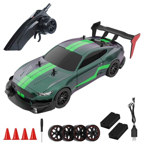 RC Drift Car, 1:14 4WD 40KM/H High Speed RC Racing Car with LED Lights, 2 Batteries, Drifting and Racing Tires for Adults (Green) - color: Green