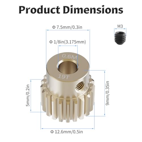 Pinion Motor Gear, M0.6 19T, 1/8 in (3.175mm) Shaft Hole | M0.6 Pitch 19 Teeth, 7075 Aluminum Alloy, 1/8 Inch Shaft Hole, RC Motor Pinion Upgrade, for 1/10 RC Brushless Crawler - size: M0.6 19T