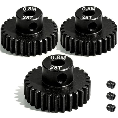 3-Pack Steel Metal 0.8M 5mm Pinion Motor Gear Sets 28T Compatible with HPI Kyosho Losi Axial Tamiya 1/8 1/10 RC Car Monster Truck Buggy, 0.8 Module Gear for Traxxsa Arrma - style: 3Pcs 28T