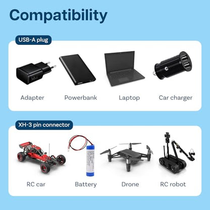 2 Pack USB Charger Cable for 7.4V LiPo & Li-ion Batteries by MMOBIEL - USB to XH-3P Connector, 1A 2S Charge Adapter for RC Drones, Quadcopters, WLtoys, Skytech, Gel Splatter Blasters, and More