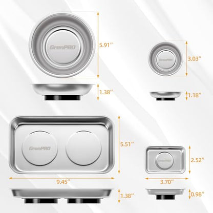 GRENPRO Magnetic Tray 4-Pack | Stainless Steel Magnetic Parts Trays | 3 Inch, 6 Inch, Square & Shallow Tray Set - style: Assorted (Round, Square, Shallow)