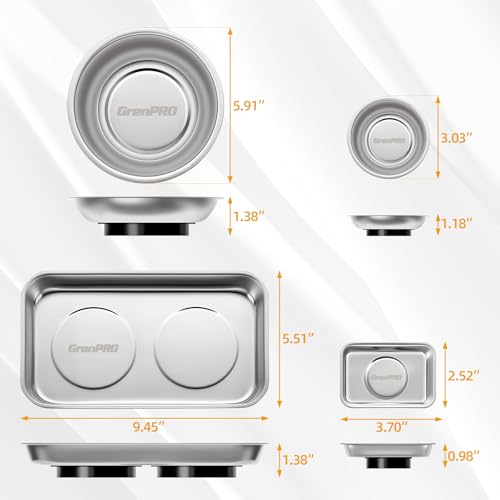 GRENPRO 4-Pack Magnetic Parts Tray Set, Heavy-Duty 3"/6" Round & Square | Stainless steel trays with extra strong magnet hold nuts, bolts, screws; anti-slip base for workshop and auto repair storage - style: Assorted (Round, Square, Shallow)