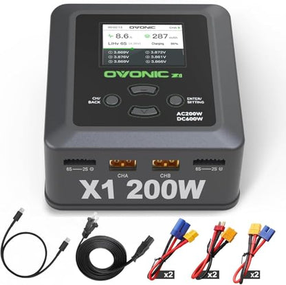 OVONIC X1 Dual RC LiPo Battery Balance Charger for 1S-6S LiPo, LiHV, Life, NiMH, NiCd Batteries, AC 200W / DC 600W 15A Smart Fast Charger with Sync Charging Mode