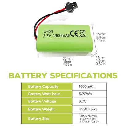 sea jump 2PCS 3.7V 1600mAh Li-ion Battery SM-2P Plug with USB Charging Cable for 9962 8837 Remote Control Toy Car, Engineering Vehicle, and Truck Backup Battery