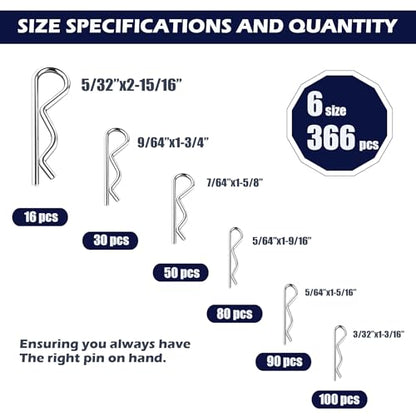 366pcs Cotter Pin Assortment Kit, 6 Sizes R Clip Pin Set | R Clip R Pin Set, Galvanized Carbon Steel, Hairpin Clips, 5/32" 9/64" 7/64" 5/64" 3/32"