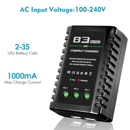 LiPo Battery Charger 2S 3S Balance Charger for 7.4V 11.1V RC Toy & Model | 2-3S Compact Charger for 7.4-11.1V RC LiPo Batteries with Smart Chip, Extend Battery Life - color: White-green