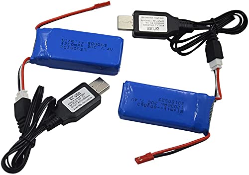 Blomiky 2 Pack 7.4V 1200mAH Lipo Battery Pack with JST Plug and USB Cable Replacement for UDIRC UD1601 UD1602 Pro Fisca Cheewing 1/16 Scale RC Truck RC Helicopter Drone Vehicles / X6 Battery and USB 2