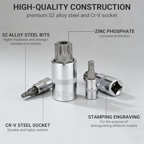 10Pcs Triple Square Spline Bit Socket Set | Premium Alloy Spline Socket Bit Set , Metric Sized S2 Steel Bits, Drive M4-M18 and Cr-V Sockets for Professionals