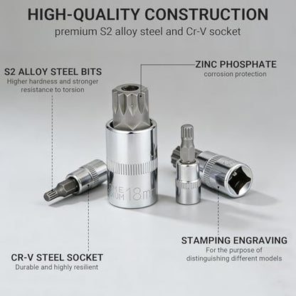 10Pcs Triple Square Spline Bit Socket Set | Premium Alloy Spline Socket Bit Set , Metric Sized S2 Steel Bits, Drive M4-M18 and Cr-V Sockets for Professionals