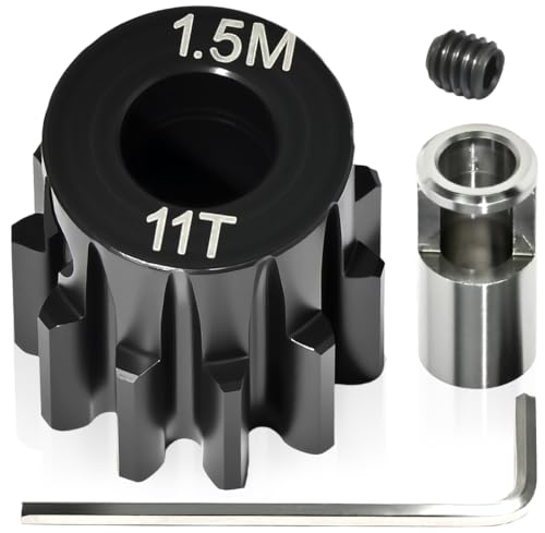 M1.5 11T Pinion Gear 8mm Bore with 8mm to 5mm Shaft Adapter Sleeve, Chromium Steel Motor Gear with Set Screw & Hex Key for Traxxas ARRMA Losi 1/5 1/8 RC Cars - size: 11T