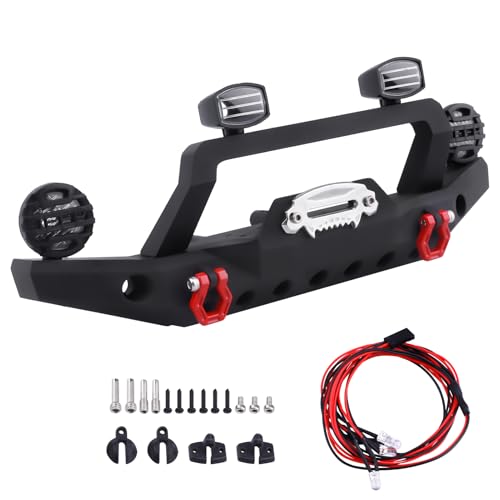 1/10 RC Crawler Metal Front Bumper Set with Winch & 5mm White LED Lights, Compatible with TRX-4, Axial SCX10 II 90046 / SCX10 III AXI03007, Redcat Gen 7 - style: Front Bumper