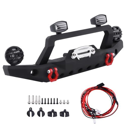 1/10 RC Crawler Metal Front Bumper Set with Winch & 5mm White LED Lights, Compatible with TRX-4, Axial SCX10 II 90046 / SCX10 III AXI03007, Redcat Gen 7 - style: Front Bumper