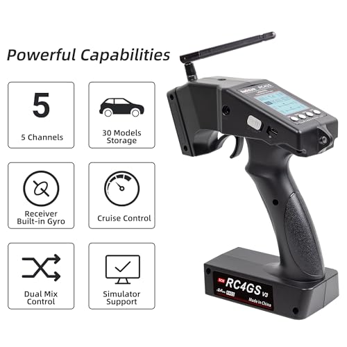 Radiolink RC4GS V3 5CH 2.4G RC Transmitter R6FG Gyro Receiver for Crawler | 2.4GHz Surface Radio Remote Controller Combo, 30 Models Storage for RC Drifting, Bash, Buggy Cars and Boats