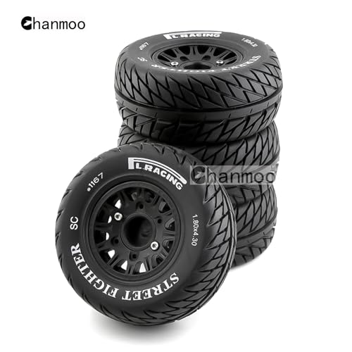 1/10 RC Short Course Truck Tires And Wheels With 12mm 14mm 17mm Hex 113mm 1/8 Rubber Tyres For 1/8 or 1/10 Scale On Road Car HSP Sonic 94102 GT PTG-2 Tamiya TT02 RC Racing Car 4PCS (Black B) - color: Black B