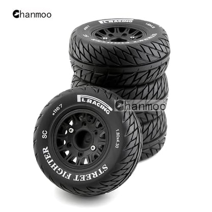 1/10 RC Short Course Truck Tires And Wheels With 12mm 14mm 17mm Hex 113mm 1/8 Rubber Tyres For 1/8 or 1/10 Scale On Road Car HSP Sonic 94102 GT PTG-2 Tamiya TT02 RC Racing Car 4PCS (Black B) - color: Black B