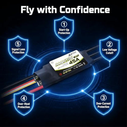 ZTW Mantis G2 45A ESC 2-6S Built-in Switching BEC 5V/6V/7.4V Adjustable 4A Brushless Speed Controller for RC Airplane Aircraft Fixed-Wing