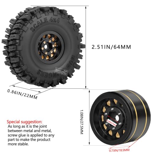 1.0 Beadlock RC Wheels for 1/18 1/24 Trx4m SCX24 RC Crawler,Full Brass 1.0'' RC Truck Tires RC Wheels 4pcs Black