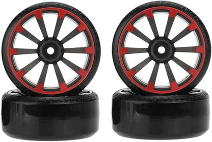 Hard Plastic 63mm Drift Car Tyres 12mm Wheels for 1/10th Scale HSP Tamiya HPI Kyosho TT02 Road Drift Car Hard Tyre Replacement, Set of 4 (Black/Red) - color: Black/Red