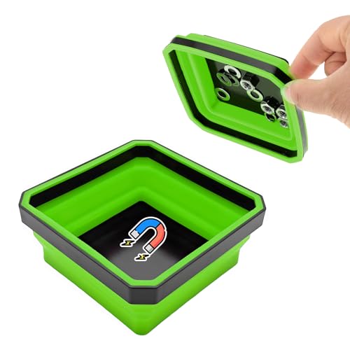 Collapsible Magnetic Parts Tray, 4.5 Inch Foldable Silicone Bowls with Double-Sided Magnetic Base, Parts Tray Organizer for Bolts Nuts Washers Pins Screws, Car Accessories (Green) - color: Green