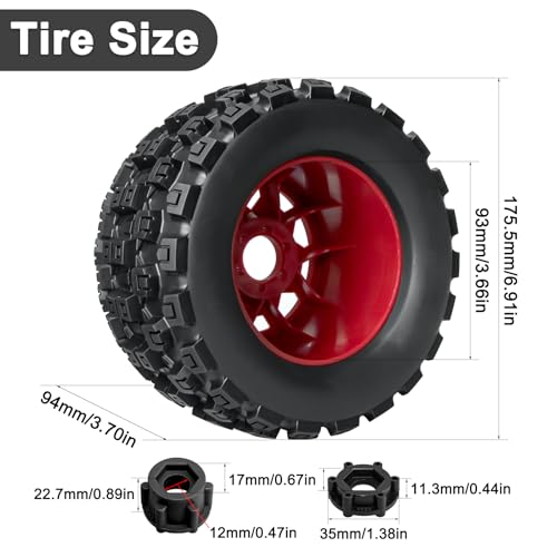 LRFHL MX38 F/R 3.8" RC Tires and Wheels with 17mm Hex Adapter, 4PCS, Red | 1/7 1/8 RC Monster Truck Tires, for Arrma Notorious Outcast Kraton 6S Traxxas E-Revo RC Car Upgrade - color: Black Tires+ Red Wheels