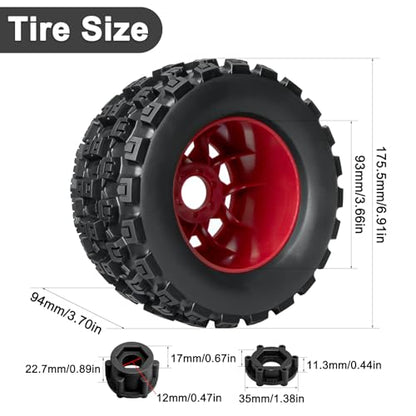LRFHL MX38 F/R 3.8" RC Tires and Wheels with 17mm Hex Adapter, 4PCS, Red | 1/7 1/8 RC Monster Truck Tires, for Arrma Notorious Outcast Kraton 6S Traxxas E-Revo RC Car Upgrade - color: Black Tires+ Red Wheels