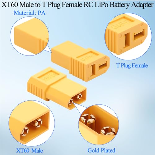 QIANRENON XT60 to T Plug High Current Adapter 30A XT60 Male to T Connector Female Converter XT60 to T-Plug RC Battery Connector, Compatible Deans Connector, for Model Airplane Electric Car,2Pcs