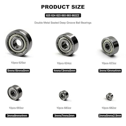 60 Pcs 6-Size 625ZZ 624ZZ 623ZZ 693ZZ 683ZZ 682ZZ Deep Groove Ball Bearings Kit, Miniature Bearings Assortment for Skateboards, Consumer Electronics - Double Shielded