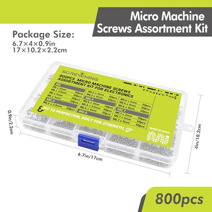 800PCS Micro Screws Assortment Kit, M1/M1.2/M1.4/M1.6/M1.7 Mini Phillips Pan Head Screws, Bright Nickel Plated Small Machine Screw Set for Electronics Repair, DIY, Precision Devices
