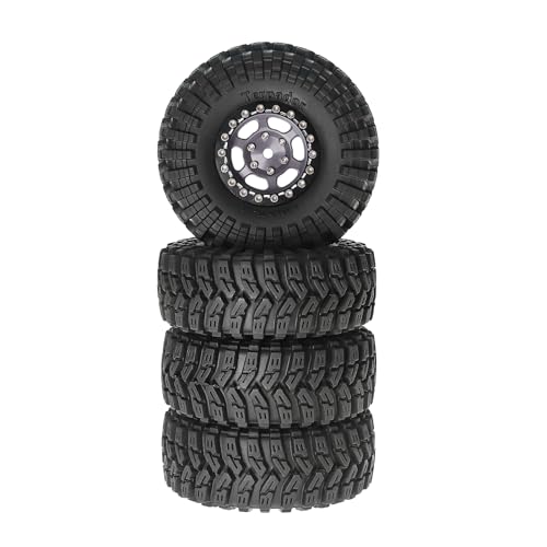 1.3” Aluminum Beadlock Wheels & Rock Trail Tires Set for 1/18 1/24 RC Crawlers, -8.0mm Offset, 68×26mm, 7mm Hex, Foam Inserts, Fits TRX4M SCX24 AX24 FCX24 Ascent-18, Pre-Assembled 4 pcs (Gray) - color: Gray