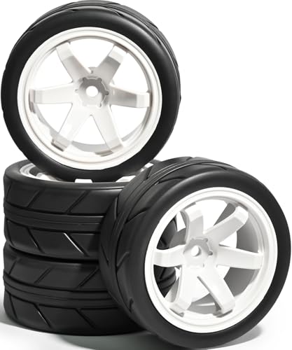 OD 2.55" On Road Rubber Tires Plastic Wheel Rims 12mm Hex for 1/10 RC Car | Compatible with MJX HSP Tamiya HPI Kyosho Traxxas Sakura Redcat WLtoys 1/10 RC On-Road Racing Touring Car (4pcs, White) - style: F-White
