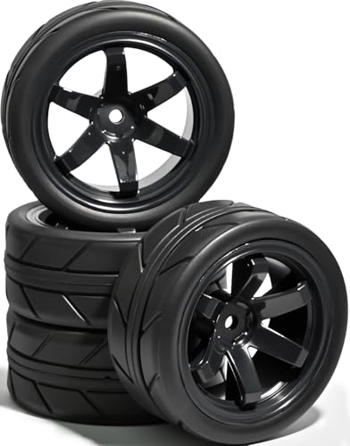 OD 2.55" On Road Rubber Tires Plastic Wheel Rims 12mm Hex for 1/10 RC Car | Compatible with MJX HSP Tamiya HPI Kyosho Traxxas Sakura Redcat WLtoys 1/10 RC On-Road Racing Touring Car (4pcs, Black) - style: F-Black