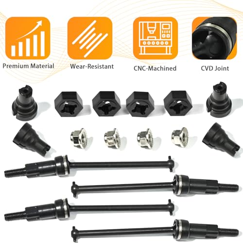 Hardened Steel CVD Driveshaft Front Rear with Hexs, Nuts, Drive Center Cup, Drivershaft Dogbone CVD Compatible with ARRMA 1/18 Mojave Granite GROM ARA2102, Replace #ARA311198 (Black,Black) - color: Black-black