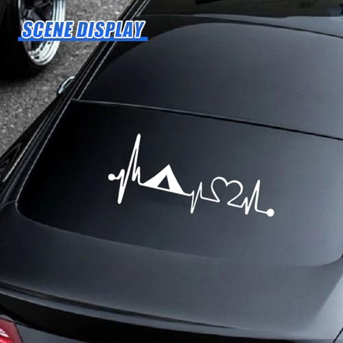 Craedli 2PCS Camping Tent Heartbeat Sticker Car Decal, 7.8"×3.3" Waterproof Vinyl Pulse Line Heart Sticker, Outdoor Adventure Car Bumper Window Decals for Camper SUV Truck Laptop (White-Heart) - color: White-heart