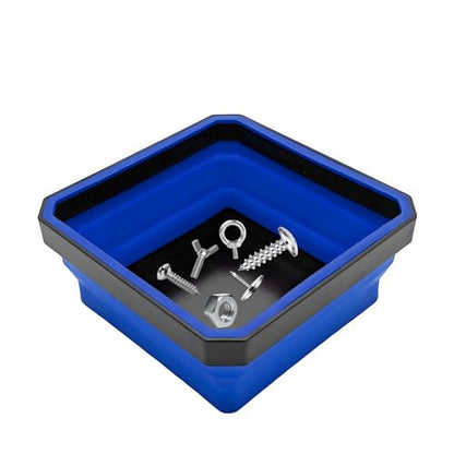 Collapsible Magnetic Parts Tray, 4.5" Square Silicone Metal Parts Organizer Double-Sided Magnet Bowl, Foldable Magnetic Tool Trays for Screws Bolts Nuts Washers Pins (Blue) - color: Blue