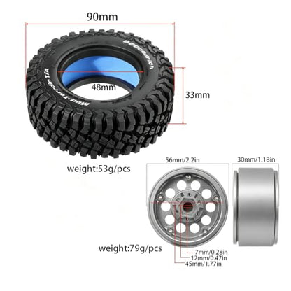STMU 4Ppcs 1/10 RC Crawler Car 1.9in Crawler Tires 90mm*33mm Compatible with D90 4WD RC, Compatible with 1/12 RC Crawler MJX H12Y+ MN128 MN82S LC79 LC80 (Silvery) - color: Silvery