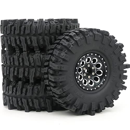 HOBBYSOUL 1.9 Beadlock Wheels and Tires Set 120mm Soft Sticky Mud slingers 1.9 Tires Wheels Black Rims for 1/10 rc Crawler Traxxas TRX4 Axial SCX10, (4 Pack) - color: Black